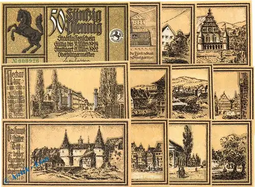 Notgeld Stuttgart , Set mit 12 Scheinen in kfr. Mehl Grabowski 1289.2 a , von 1922 , Baden Württemberg Seriennotgeld
