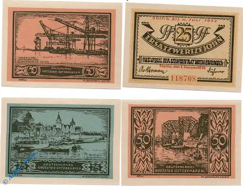 Notgeld Stadt Stettin 1270.3 , Set mit 4 Scheinen in kfr. -Gebot der Stunde- von 1921 , Pommern Seriennotgeld