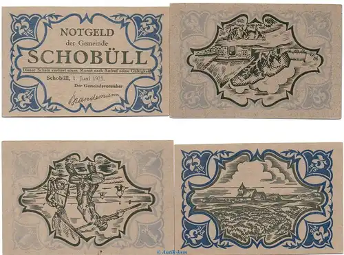 Notgeld Gemeinde Schobüll 1194.8 , Set mit 4 Scheinen grau in kfr. von 1921 , Schleswig Holstein Seriennotgeld