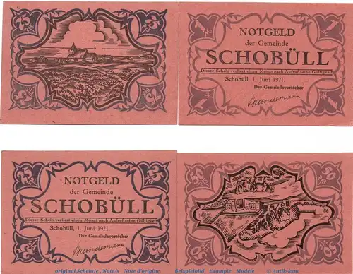 Notgeld Gemeinde Schobüll 1194.7 , Set mit 4 Scheinen rot in kfr. von 1921 , Schleswig Holstein Seriennotgeld