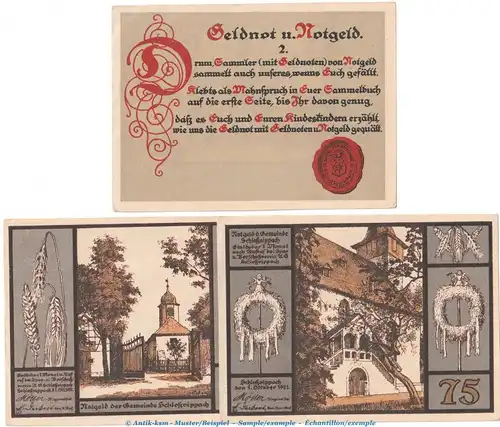 Notgeld Gemeinde Schloßvippach 1183.1 , Set mit 3 Scheinen in kfr. von 1921 , Thüringen Seriennotgeld