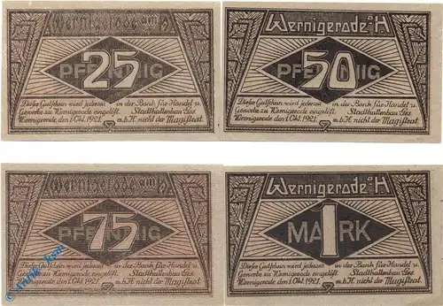 Notgeld Wernigerode , Stadthallenbau , Set mit 4 Scheinen , Mehl Grabowski 1408.1 , von 1921 , Sachsen Anhalt Seriennotgeld
