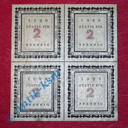 Notgeld Wasserburg , 4 x 2 Pfennig , Mehl Grabowski 1382.3 , von 1920 , Bayern Seriennotgeld