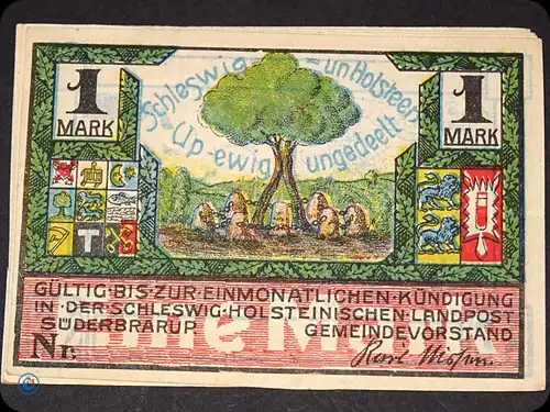 Notgeld Süderbrarup , 1 Mark Schein ohne Kennummer , Mehl Grabowski 1294.4 b , Schleswig Holstein Seriennotgeld