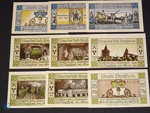 Notgeld Staßfurt , 2 Sätze mit 9 Scheinen , Mehl Grabowski 1256.2 und 3 , von 1921 , Sachsen Anhalt Seriennotgeld