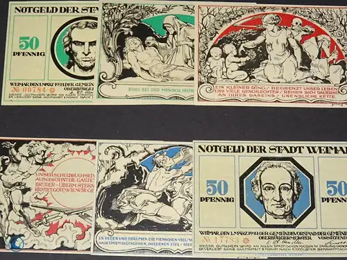 Notgeld Weimar , Göthe und Schiller , Satz mit 6 Scheinen , Mehl Grabowski 1398.5 , von 1921 , Thüringen Seriennotgeld