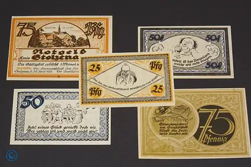 Notgeld Stolzenau , Satz mit 5 Scheinen mit Lauseschritt , Mehl Grabowski 1276.1 a mit b , von 1921 , Niedersachsen Seriennotgeld