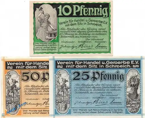 Notgeld Schweich , Set mit 3 Scheinen in kfr. Mehl Grabowski 1209.2-3 , von 1920 , Rheinland Pfalz Seriennotgeld