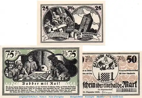 Notgeld Gemeinde Stroebeck 1285.1.a , Set mit 3 Scheinen in kfr. o.D. Sachsen Anhalt Seriennotgeld