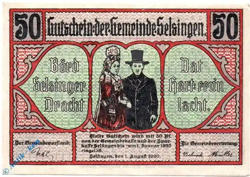 Notgeld Selsingen , 50 Pfennig Schein rot , Mehl Grabowski 1220.2 , von 1920 , Niedersachsen Seriennotgeld