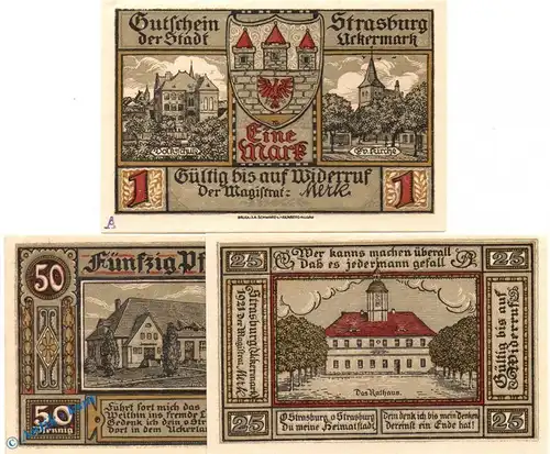 Notgeld Strasburg mit A , Set mit 3 Scheinen in kfr. M/G 1280...  von 1921 , Brandenburg Seriennotgeld