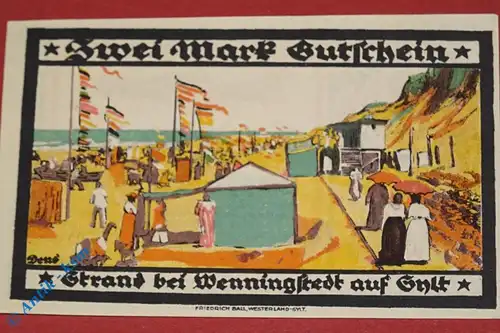 Notgeld Wenningstedt Sylt , Gemeinde Norddörfer , Schleswig Holstein , 2 Mark Schein , Seriennotgeld , 1405.1 , von 1921