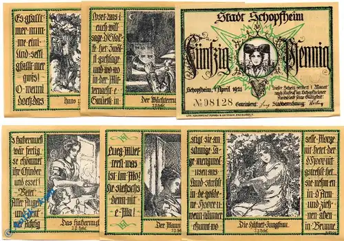 Notgeld Schopfheim , Set mit 6 Scheinen kfr grün , Mehl Grabowski 1201.2 , von 1921 , Baden Württemberg Seriennotgeld
