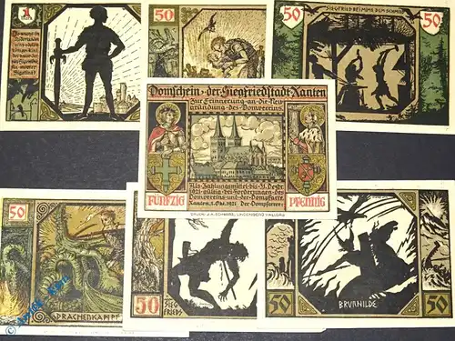 Notgeld Xanten , Set mit 7 Scheinen mit Doppelpunkt , Mehl Grabowski 1464.1 d , von 1921 , Westfalen Seriennotgeld