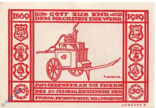 Waldenburg , Notgeld 50 Pfennig Schein in kfr. M-G 1371.3.b , Schlesien 1920 Seriennotgeld