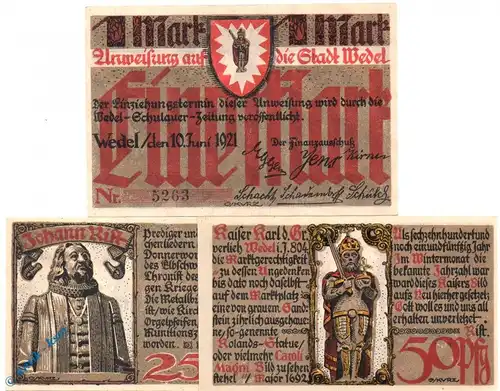 Notgeld Wedel , Set mit 3 Scheinen , Wz Parkett , Mehl Grabowski 1387.2 , von 1921 , Schleswig Holstein Seriennotgeld