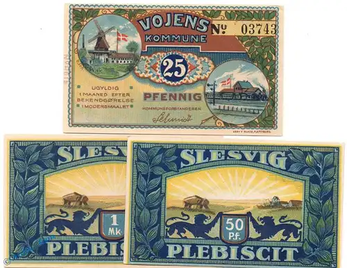 Notgeld Woyens , Set mit 3 Scheinen in kfr , Mehl Grabowski 1455.1 , dänisch Nordschleswig Seriennotgeld