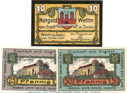Notgeld Stadt Wettin 1421.2 , Set mit 3 Scheinen in kfr. von 1921 , Sachsen Anhalt Seriennotgeld