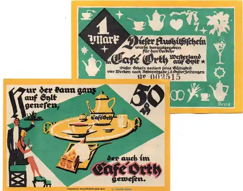 Notgeld Cafe Orth Westerland 1416.1 , Set mit 2 Scheinen in kfr. o.D. Schleswig Holstein Seriennotgeld