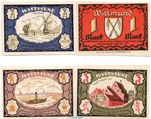Notgeld Stadt Wittmund 1447.1 , Set mit 4 Scheinen in kfr. von 1922 , Niedersachsen Seriennotgeld