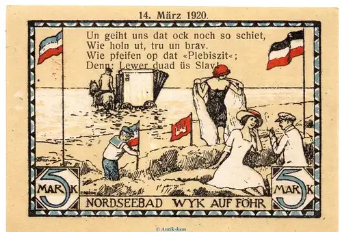 Notgeld Stadt Wyk a. Föhr 1462.6 , 5 Mark Schein in kfr. 14.März 1920 Schleswig Holstein Seriennotgeld