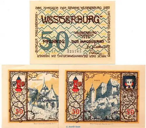 Notgeld Stadt Westerburg 1412.2 , Set mit 3 Scheinen graublau in kfr. von 1920 , Hessen Seriennotgeld