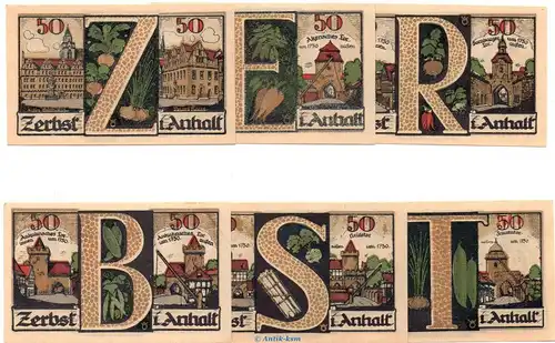 Notgeld Stadt Zerbst 1469.2 , 6 x 50 Pfennig Schein in kfr. von 1921 , Sachsen Anhalt Seriennotgeld