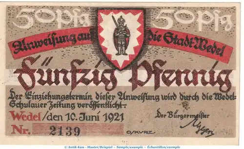 Notgeld Stadt Wedel 1387.1.F , 50 Pfennig -Fehldruck- in kfr. von 1921 , Schleswig Holstein Seriennotgeld