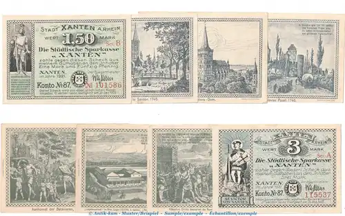 Notgeld Stadt Xanten 1465.1.a , Set mit 8 Scheinen in kfr. von 1921 , Westfalen Seriennotgeld
