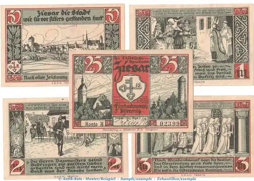 Notgeld Sparkasse Ziesar 1473.1.a , Set mit 5 Scheinen --Us und Kto-- in kfr. o.D. Brandenburg Seriennotgeld