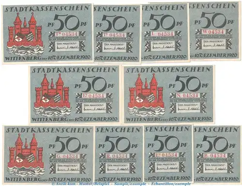 Notgeld Stadt Wittenberg 1443.2 , Set-dekret- mit 10 Scheinen in kfr. von 1920 , Sachsen Anhalt Seriennotgeld