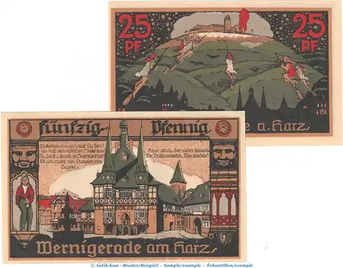 Notgeld Stadt Wernigerode 1407.1.b , Set mit 2 Scheinen -oliv- in kfr. von 1920 , Sachsen Anhalt Seriennotgeld