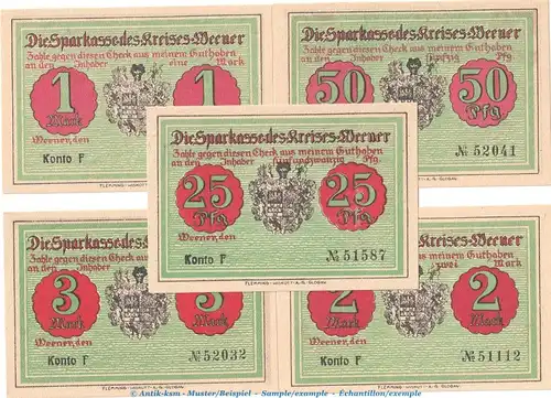 Notgeld Sparkasse Weener 1388.1.a , Set mit 5 Scheinen -F- in kfr. o.D. Niedersachsen Seriennotgeld