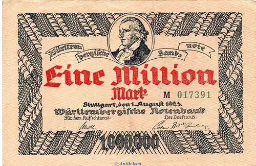 Länderbanknote , 1 Million Mark Schein in gbr. WTB-18, Ros.778, S.987 , vom 01.08.1923 , Württembergische Notenbank