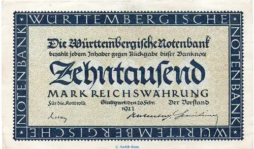 Länderbanknote , 10.000 Mark Schein in gbr. WTB-13, Ros.773, S.982 , vom 20.02.1923 , Württembergische Notenbank