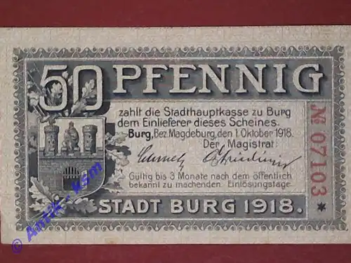 Notgeld Burg b. Magdeburg , Sachsen Anhalt , vollständiger Satz mit 1 Schein 50 Pfennig , Verkehrsausgabe , Grabowski B104.1 b , von 1918