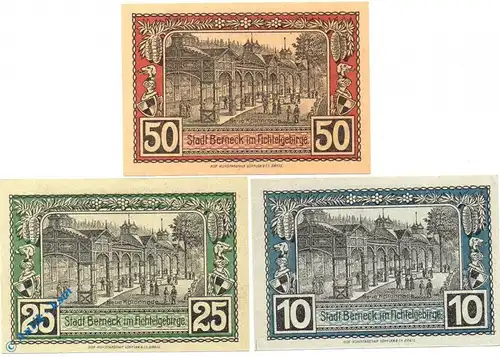 Notgeld Berneck , Set mit 3 Scheinen , nur Großbuchst. Tieste 0540.05.50 bis 52 , von 1921 , Bayern Verkehrsausgabe