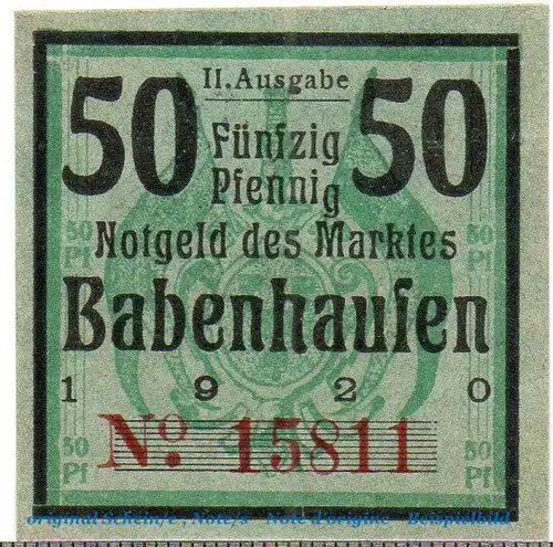 Notgeld Markt Babenhausen 0275.05.30 , 50 Pfennig Schein 12 mm , von 1920 ,  Bayern Verkehrsausgabe