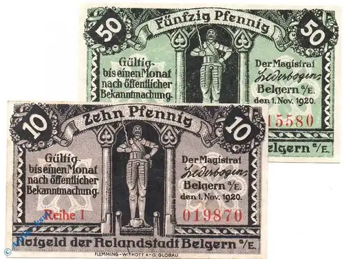 Notgeld Belgern , Set mit 2 Scheinen , Tieste 0390.05.01 und 02 , von 1920 , Sachsen Verkehrsausgabe