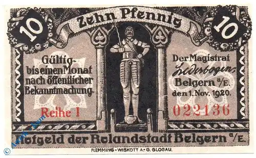 Notgeld Belgern ,10 Pfennig Schein , Tieste 0390.05.01 , von 1920 , Sachsen Verkehrsausgabe