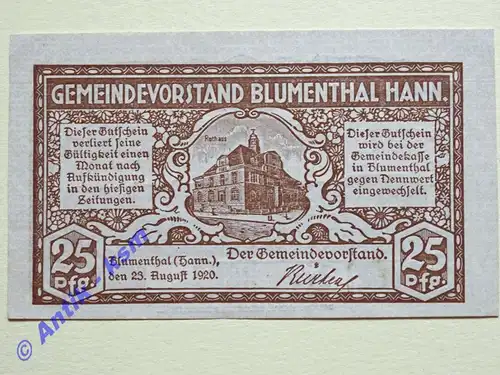 Notgeld Blumenthal , Hannover Niedersachsen , Einzelschein über 25 Pfennig , Tieste 0760.05 , von 1920 , Verkehrsausgabe