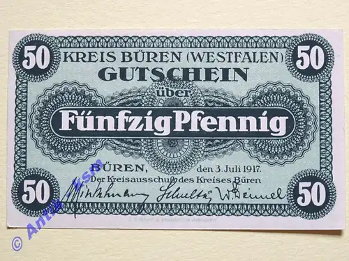 Notgeld Büren , Westfalen , Einzelschein mit Stempel über 50 Pfennig , Tieste 1010.05.B , von 1917 , Verkehrsausgabe