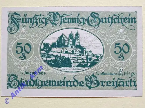 Notgeld Breisach , Baden , Einzelschein über 50 Pfennig , Tieste 0885.25 , von 1919 , Verkehrsausgabe