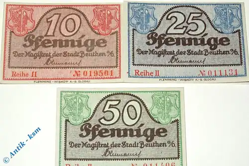 Notgeld Beuthen , Satz mit 3 Scheinen , Tieste 0570.10.05-07 , Schlesien Verkehrsausgabe