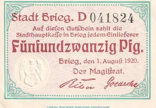 Notgeld Stadt Brieg 0930.15.10 , 25 Pfennig Schein in kfr. von 1920 , Schlesien Verkehrsausgabe