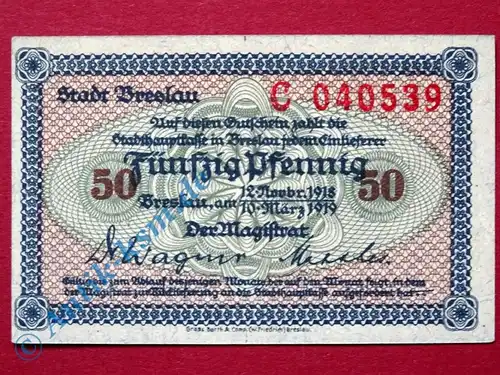 Notgeld Breslau , Einzelschein über 50 Pfennig , Tieste 0915.15 , von 1918 , Schlesien Verkehrsausgabe