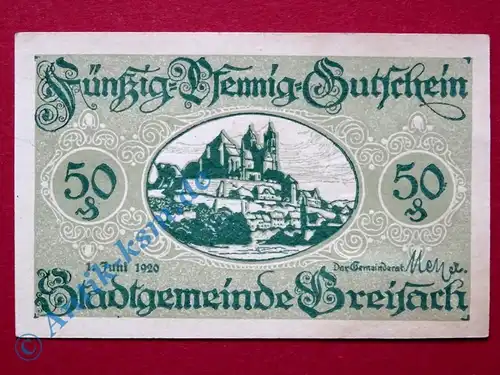Notgeld Stadt Breisach 0885.05.45 , 50 Pfennig Schein in kfr. von 1920, Baden Verkehrsausgabe