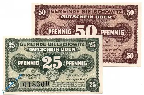Notgeld Bielschowitz , Set mit 2 Scheinen , Tieste 0625.05.15 und 16 , von 1917 , polnisch Oberschlesien Verkehrsausgabe