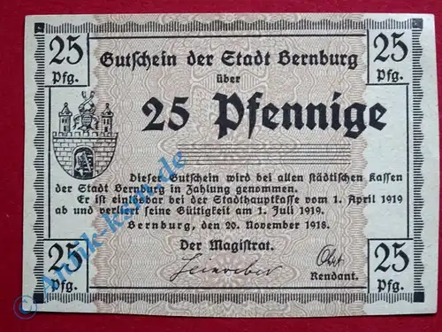 Bernburg , 25 Pfennig MUSTER-Schein in kfr.Tieste 0520.15.01.M , Anhalt 1918 Verkehrsausgabe