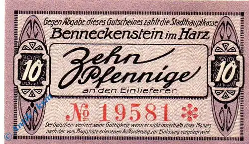 Notgeld Benneckenstein , 10 Pfennig Schein , Tieste 0405.05.02 , von 1919 , Sachsen Verkehrsausgabe